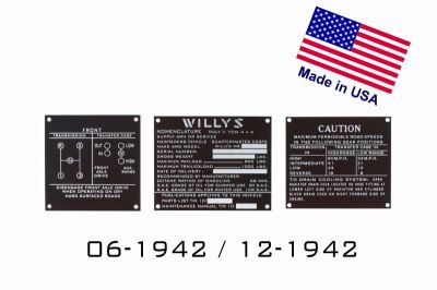 PLAQUES NOMENCLATURE WILLYS ZINC JEU 06-1942 / 12-1942