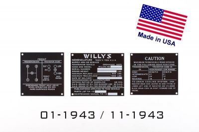 PLAQUES NOMENCLATURE WILLYS ZINC JEU 01-1943 / 11-1943