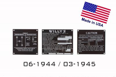 PLAQUES NOMENCLATURE WILLYS ZINC JEU 06-1944 / 03-1945